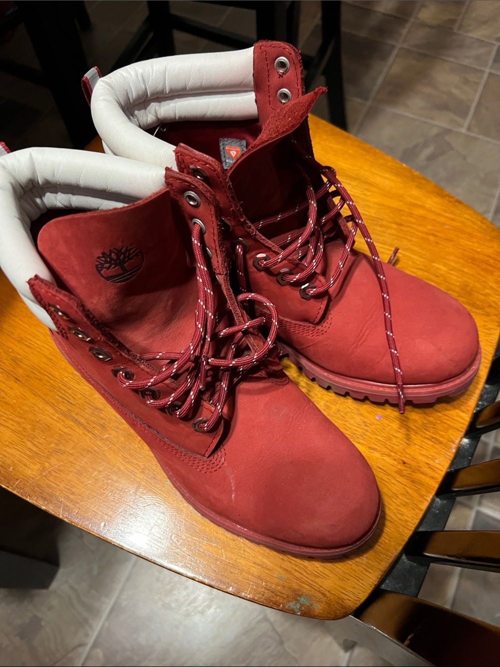 Timberland Men's Red Nubuck Lace-Up Boots with White Collar